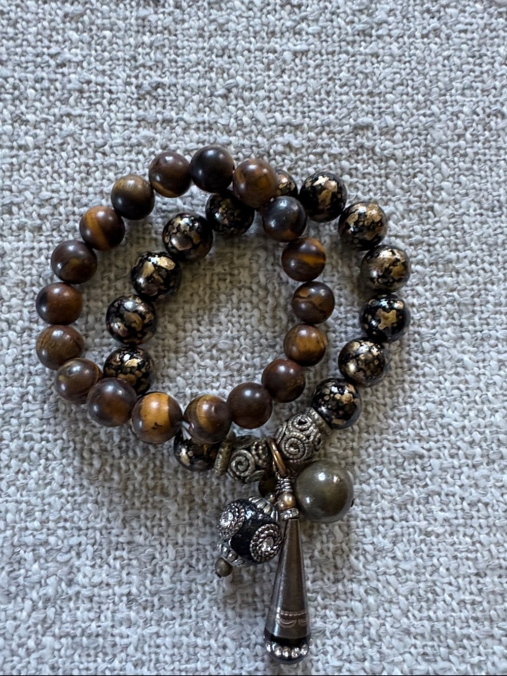 Brown Beaded Stretch Bracelet Set with Tassel Charm